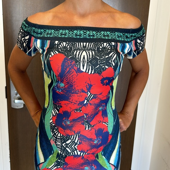 TROPICAL COLORFUL OFF THE SHOULDER TUBE DRESS CAP SLEEVES - Picture 3 of 8